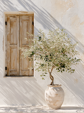 Serene Mediterranean Courtyard with Sculptural Tree