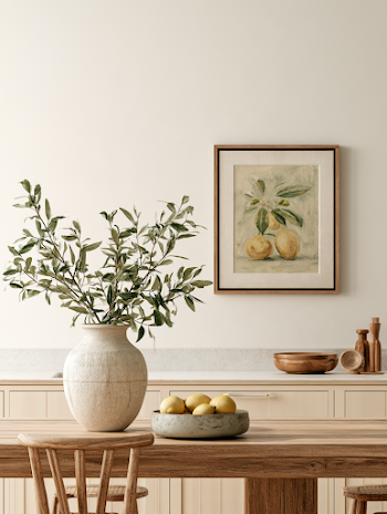 Serene Mediterranean Still Life with Olive Branch and Lemons