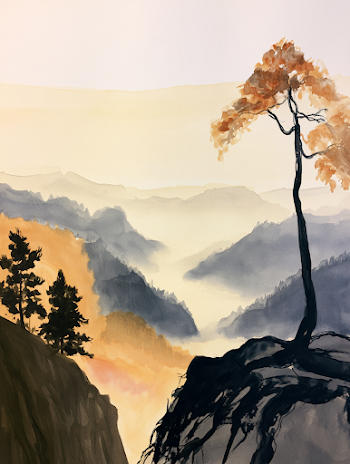 Serene Misty Mountain Landscape Watercolor