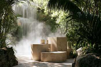 Serene Natural Stone Podium in Lush Tropical Setting