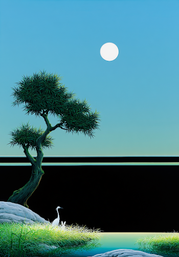 Serene Nightscape with White Bird and Moonlight