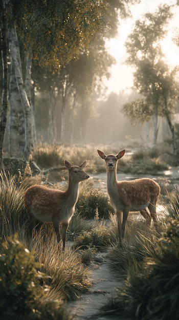 Serene Summer Meadow at Dawn with Wild Deer