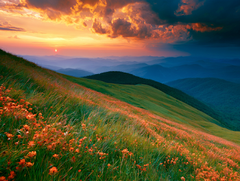 Serene Sunset Over Mountain Meadow