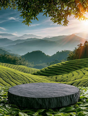 Serene Tea Plantation Landscape with Textured Pedestal