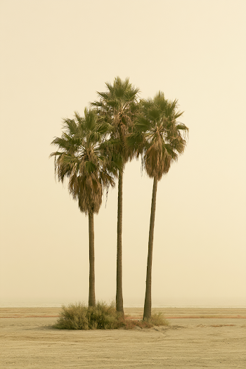 Serene Trio of Palm Trees in Coastal Haze