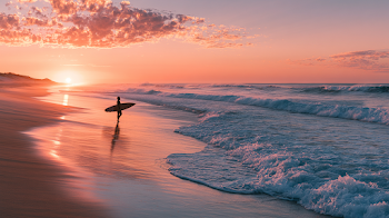 Serene Tropical Beach at Sunset with Surfer Silhouette