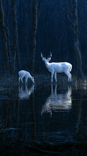 Serene White Bucks at Midnight Pond