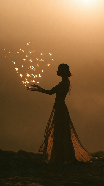 Serene Woman Silhouette Releasing Glowing Birds at Sunrise