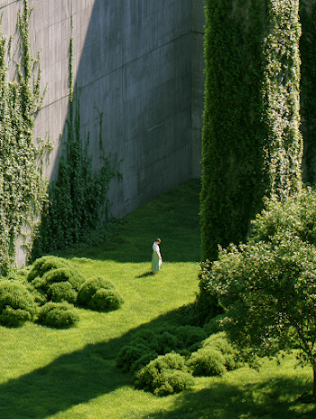 Serenity in Nature: A Woman Amidst Greenery and Concrete