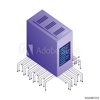 server data center with electronic circuit isometric icon