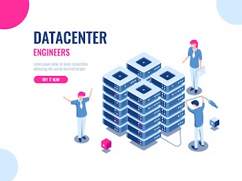 Server room rack, database and data center, cloud storage, blockchain technology, engineer, teamwork
