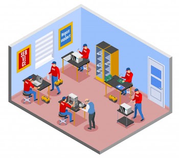 Service centre isometric composition with indoor view of repair shop room interior with working people characters Free Vector