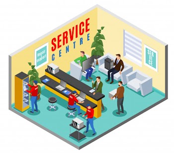 Service centre isometric indoor composition with office interior of repair shop reception area with human characters Free Vector