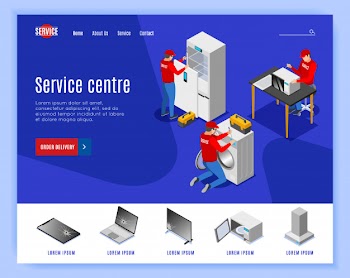 Service centre isometric landing page website design with editable text clickable links and images of items Free Vector