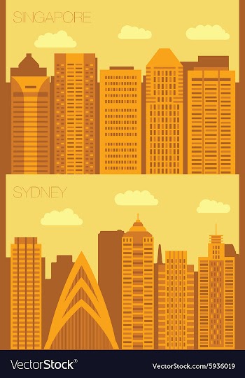 Set 2 flat background city Singapore and Sydney vector image