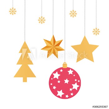 set balls with stars and pine tree christmas hanging design