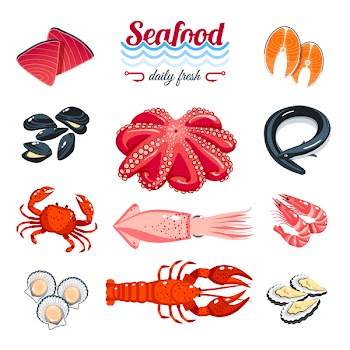 Set Cartoon Sea Food Tuna Salmon