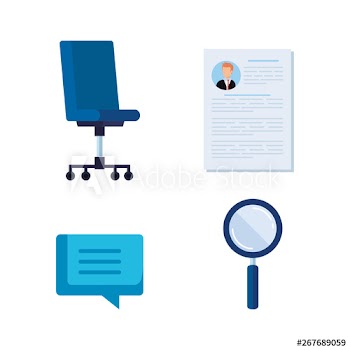 set curriculum vitae with chat bubble and magnifying glass