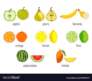 Set embroidered pixel fruit apple pear banana vector image