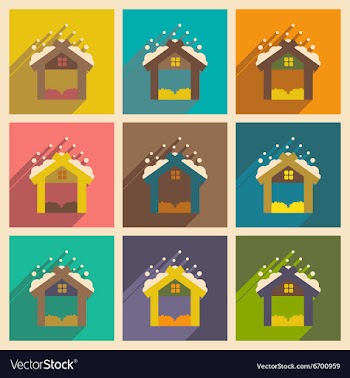 Set flat icons with long shadow Christmas barn vector image