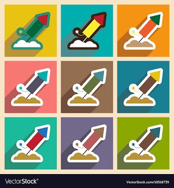 Set flat icons with long shadow rocket fireworks vector image