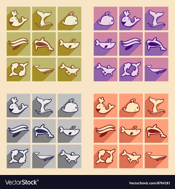 Set flat icons with long shadow whales vector image