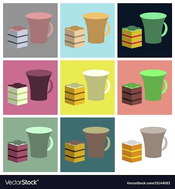 Set icons in flat design cup of coffee and pie vector image