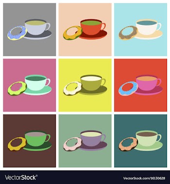 Set icons in flat design cup of tea and donat vector image