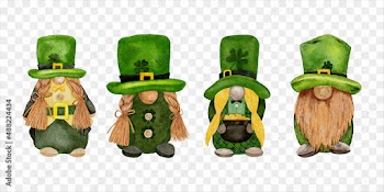 Set leprechaun with four leaves clovers on transparent background, Cute elements for St Patrick day greeting card,Gnomes with Shamrock,Vector Watercolour green Scandinavian Dwarfs collection in Celtic