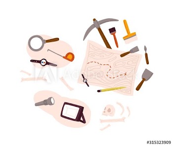 Set of archeology equipment icon with digging out tools, ancient artifacts, map isolated on white background