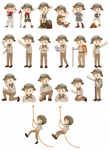 Set of boy in safari outfit doing different actions Free Vector