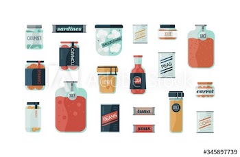 Set of cartoon colorful cans of glass with homemade preserves vector flat illustration