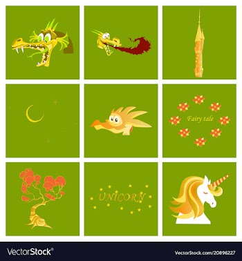 Set of cartoon objects cartoon dragons castle vector image