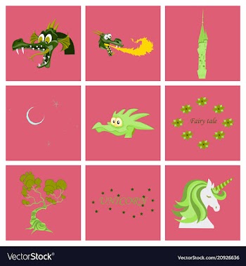 Set of cartoon objects cartoon dragons castle vector image