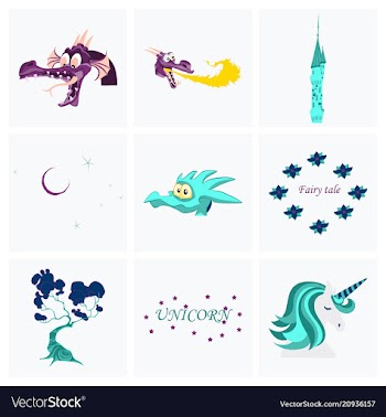 Set of cartoon objects cartoon dragons castle vector image