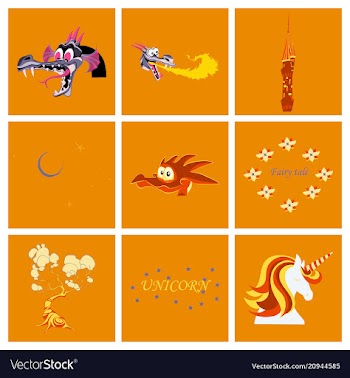Set of cartoon objects cartoon dragons castle vector image
