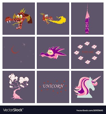 Set of cartoon objects cartoon dragons castle vector image
