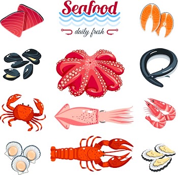Set of cartoon sea food - tuna, salmon, clams, crab, lobster and so. Vector illustration, isolated on white, eps 10.