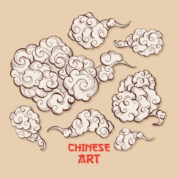 Set of clouds and wind blows with chinese art style Free Vector