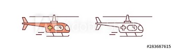 Set of colorful and monochrome ambulance helicopters isolated on white background