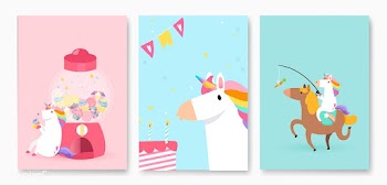 Set of colorful unicorn birthday card vectors | Free stock vector - 515528