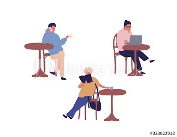 Set of different people sitting at street cafe vector flat illustration