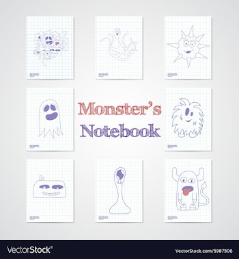 Set of eight notebook sheets with funny monsters vector image