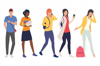 Set of female and male students on move Free Vector