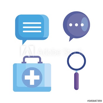 set of first aid kit with magnifying glass and speech bubbles design