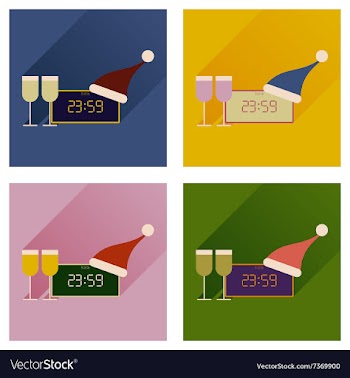 Set of flat icons with long shadow New Year clock vector image