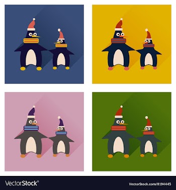 Set of flat icons with long shadow pair penguins vector image