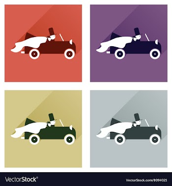 Set of flat icons with shadow bride and groom car vector image
