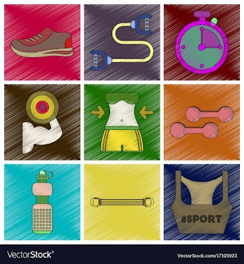 Set of flat shading style icons fitness equipment vector image