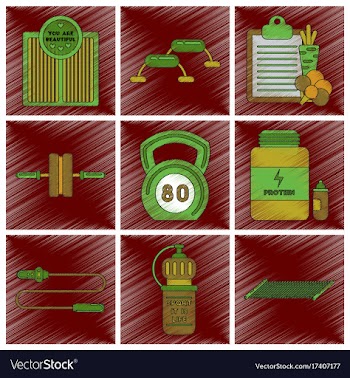 Set of flat shading style icons fitness equipment vector image